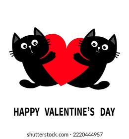 Happy Valentines Day. Cat Kitten Kitty Family Couple Holding Big Red Heart. Cute Cartoon Kawaii Funny Animal Character. Flat Design. Love Card. Sticker Print. White Background. Isolated. 