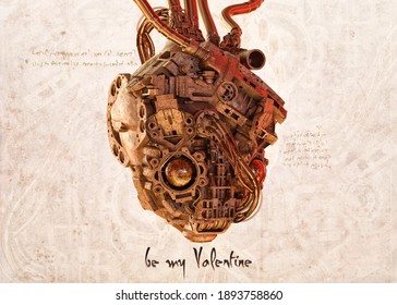 Happy Valentine's Day Creative  Illustration: Steampunk Mechanical Heart, Leonardo Da Vinci Style Vintage Tech Design Background. 3D Valentines Day Card, T-shirt Print, Web, Banner, Art Poster Concept