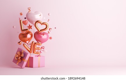 Happy valentines day decoration with gift box, love text, heart shape balloon with copy space, 3D rendering illustration
