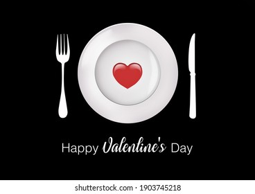 Happy Valentine's Day; Fork, Knife, Plate And Heart