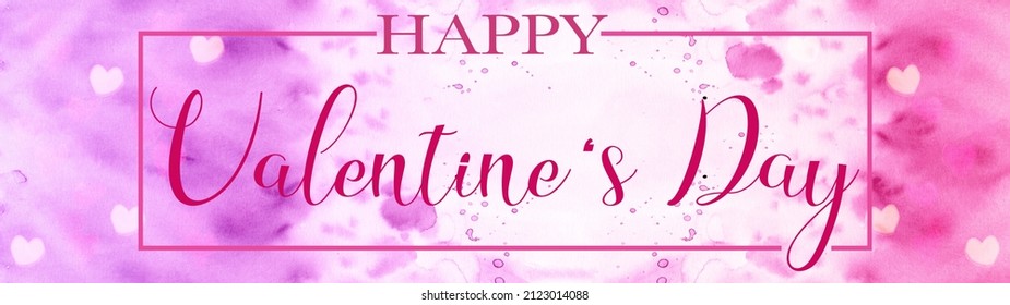 Happy Valentine's Day - Hearts bokeh Love template background greeting card web banner panoramic - Abstract watercolor aquarelle pink brush stroke splash brush, isolated on paper texture

