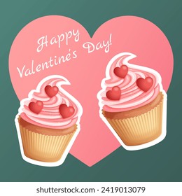 Happy Valentines day holiday greeting card design with cute cartoon pink cupcakes with red hearts. Holiday candy sweets and hearts decoration holiday card design - Powered by Shutterstock