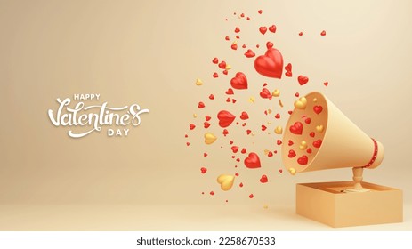 Happy Valentine's Day Landing Page Or Poster Design With 3D Render, Heart Shapes With Gramophone. - Powered by Shutterstock