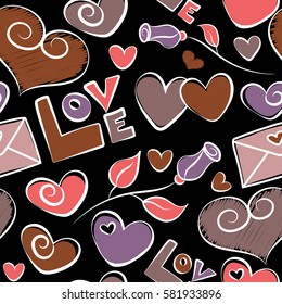 Happy Valentines Day lettering greeting card seamless pattern. Abstract hearts and love symbols on a black background. Festive banner and poster in purple and pink colors.
