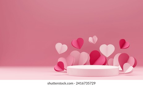 Happy Valentine's Day minimal background, Pink podium display products, realistic 3d illustration, love platform, stand mock up, pink paper hearts - Powered by Shutterstock