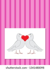 Happy Valentines Day poster with doves holding red heart symbol of love by neck, raster illustration of pigeons together forever isolated on white frame