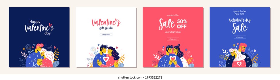 Happy Valentines Day Sale Cards. Background With Trendy People And Typography. 14 February Banner For Retail And Shopping. Template For Gift Guide, Coupon, Voucher, Email. Promotion Poster. 