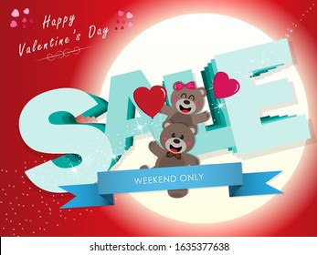 Happy Valentine's Day Sale With Cute Teddy Bears Clutching A Red Heart Balloon In Its Arms On Fullmoon Background For An Anniversary Or Valentine's Celebration.