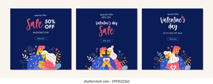 Happy Valentines Day Sale Offer. Trendy Square Cards For Email And Shopping Promotion. Modern Drawing Of Hugging Couple With Love And Heart. Valentines Gift Guide, Banner For Social Media, Wed Ads. 