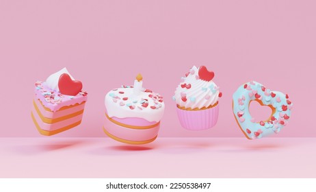 Happy Valentines day. Sweet food: cupcake, cake, tart and donut on pink background. 3D render - Powered by Shutterstock