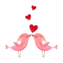 Happy Valentine's Day. Watercolor Card With Two Pink Birds And Hearts Isolated On White Background. Hand Drawn Illustration For Mother's Day Or Women's Day, Greeting Cards, Invitations .
