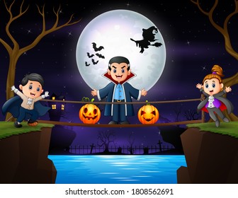 Happy Vampire Family In The Halloween Night