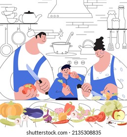 Happy Vegetarian Family Cooking Dinner Together On Black White Home Kitchen Interior Background. Parents And Son Preparing Vegatable Lunch At Home