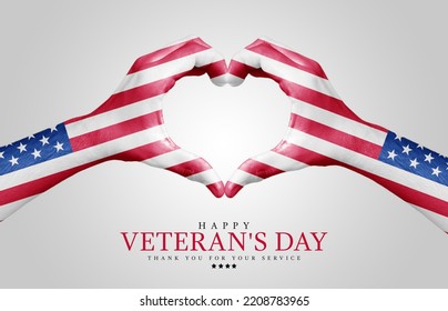 Happy veterans day creative poster, American flag pattern 3d heart shaped hand against grey background, thank you veterans for your service - Powered by Shutterstock