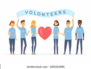 Happy volunteers with a banner - cartoon people characters isolated illustration on white background. International men and women stand together and hold a big red heart. Concept of social work, unity - Powered by Shutterstock