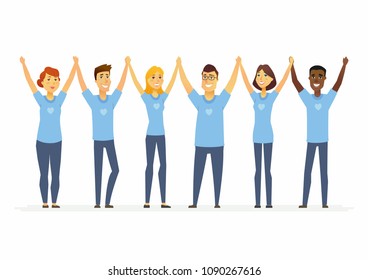 Happy volunteers holding hands - cartoon people characters isolated illustration on white background. International men and women wearing blue T-shirts with a heart. Concept of social work and unity - Powered by Shutterstock