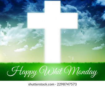 Happy Whit Monday background design with a white glowing cross in the sky and typography on the grass. Religious concept backdrop - Powered by Shutterstock