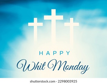 Happy Whit Monday religious background with white shapes and blue typography. Whit Monday concept backdrop - Powered by Shutterstock