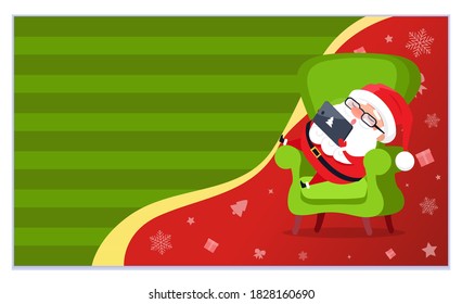 Happy winter days raster, Santa Claus character sitting in armchair with laptop with pine tree logo. Christmas holidays greeting poster. Man sleeping in chair, relaxing at home. St Nicholas in costume - Powered by Shutterstock