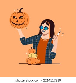 Happy Woman Holding Pumpkin Carving Knife And Carved Pumpkin - Fun Halloween Autumn Activity - Cozy Fall Pumpkin Carved Face