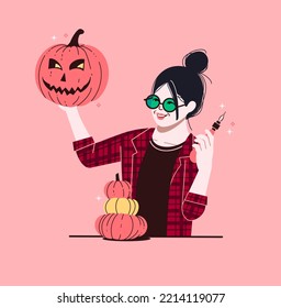 Happy Woman Holding Pumpkin Carving Knife And Carved Pumpkin - Fun Halloween Autumn Activity - Cozy Fall Pumpkin Carved Face