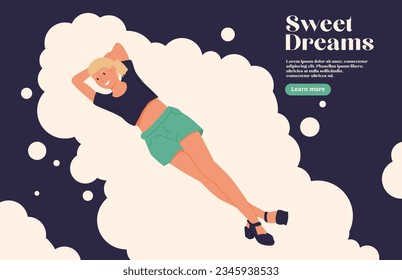 Happy woman sleeping on soft cloud. Girl lying, relaxing in sky, heaven, asleep. Healthy dream, rest. Relaxation, calmness concept. Flat graphic illustration isolated on blue background - Powered by Shutterstock