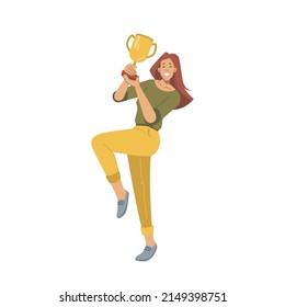 Happy Woman Winner Holding First Prize Cup In Hands, Golden Goblet Isolated Flat Cartoon Character. Goal Achievement Celebration, Triumph And Grand Prize. Smiling Successful Girl Win Award