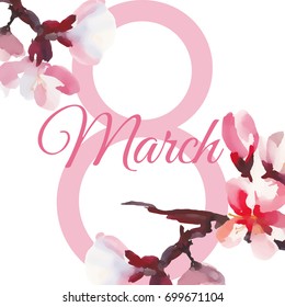 Happy women's day. 8 march. Watercolor almond flowers. - Shutterstock ID 699671104