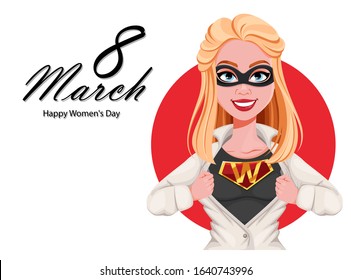 Happy Women's Day greeting card. Woman superhero cartoon character. Stock raster illustration - Powered by Shutterstock