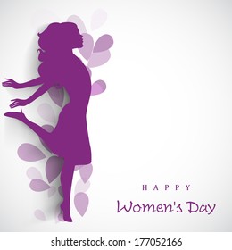 Happy Womens Day greeting card or poster design with purple silhouette of girl in dancing pose on floral decorated grey background.