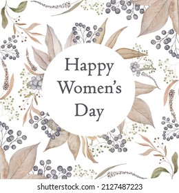 Happy Women's Day. Painted Watercolor Delicate And Romantic Leaves And Berries. Pastel Floral Clip Art Perfect For Wedding Postcard Making. Diy Project. Closeup, White Background