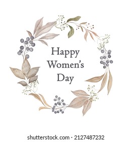 Happy Women's Day. Painted Watercolor Delicate And Romantic Leaves And Berries. Pastel Floral Clip Art Perfect For Wedding Postcard Making. Diy Project. Closeup, White Background