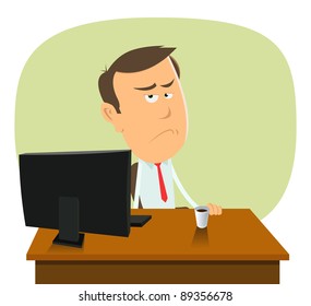 So Happy At Work/ Illustration Of A Cartoon Sad Trader Or Banker In Slump Time