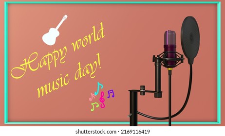 Happy World Music Day Calligraphy With Mike,voice Filter,guitar,mike Stand And Music Notes. 3D Rendering.