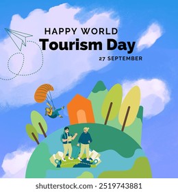 Happy World Tourism Day,World tourism day logo with couple tourist and famous tourist landmarks elements illustration - Powered by Shutterstock