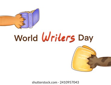 Happy World Writer Day. watercolor illustration for world book day and copyright. March 3. writers Professional holiday greeting card, banner. cats paws hold books.  reading, literature popularization