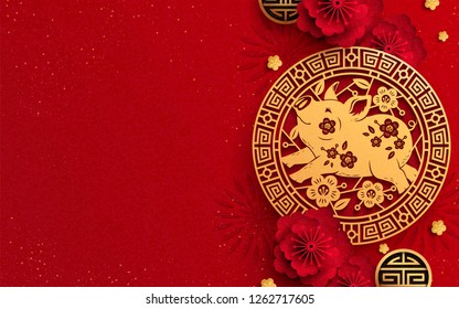 Happy Year Of The Pig design in paper art, golden piggy and peony flower decorations with copy space for greeting words