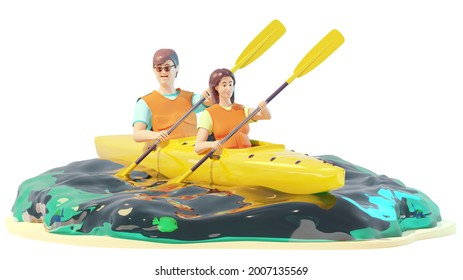 Happy young couple riding kayak. Man and woman holding paddles. Kayaking in the sea. Sailing on canoe or kayak. Water activities. Holidays on sea or ocean beach. 3d illustration - Powered by Shutterstock