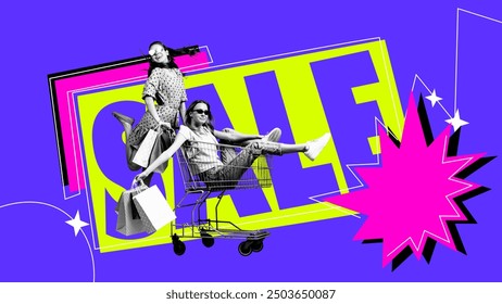 Happy young girls with shopping trolley and shopping bags celebrating big sale season. Banner for ad. Contemporary art collage. Concept of Black Friday and Cyber Monday, sales, shopping - Powered by Shutterstock