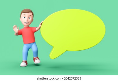 Happy Young Kid 3D Cartoon Character with a Yellow Blank Speech Bubble on Green Background with Copy Space 3D Illustration