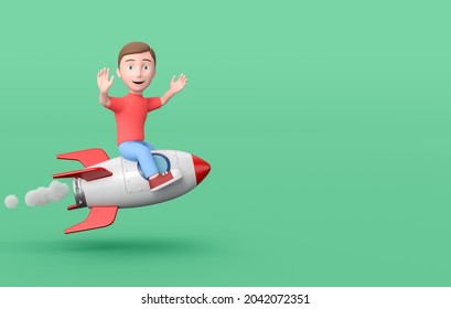 Happy Young Kid 3D Cartoon Character Flying Sitting on a Spaceship on Green Background with Copy Space 3D Illustration