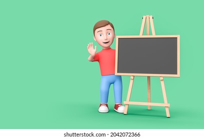 Happy Young Kid 3D Cartoon Character with Blank Blackboard on Green Background with Copy Space 3D Illustration