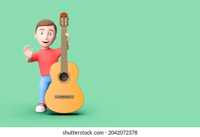 Happy Young Kid 3D Cartoon Character with a Classical Guitar on Green Background with Copy Space 3D Illustration, Like Play Guitar Concept