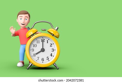 Happy Young Kid 3D Cartoon Character Leaning on a Yellow Alarm Clock on Green Background with Copy Space 3D Illustration, Time Concept