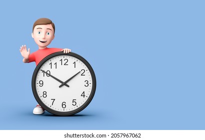 Happy Young Kid 3D Cartoon Character with Black Analog Clock on Blue Background with Copy Space 3D Illustration, Time Concept