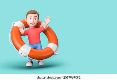 Happy Young Kid 3D Cartoon Character with Lifebelt on Blue Background with Copy Space 3D Illustration