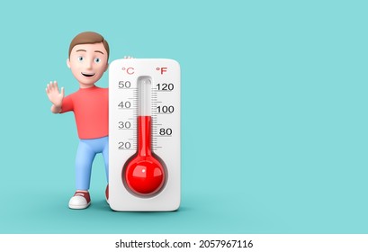 Happy Young Kid 3D Cartoon Character with Thermometer on Blue Background with Copy Space 3D Illustration