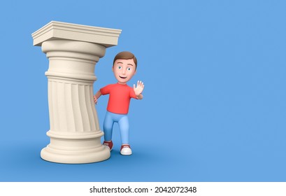 Happy Young Kid behind a Funny Ancient Column. 3D Cartoon Character on Blue Background with Copy Space 3D Illustration