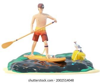 Happy young man is paddling on a SUP board. Standup paddleboarding in tropical blue sea water. SUP board riding. Summer vacations and holidays on sea or ocean beach. 3d illustration - Powered by Shutterstock