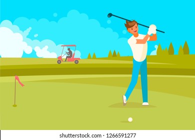 Happy young man playing golf. illustration in flat style. Sport hobby concept design element. - Powered by Shutterstock